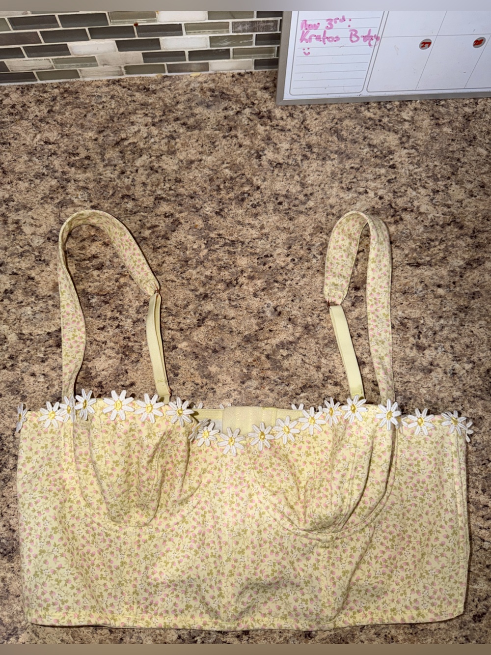 Yellow Floral Daisy-Trim Crop Top